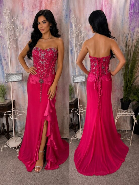 Fiesta Dresses & Skirts - 📌Fiesta Hot Pink Strapless Beaded Bodice & Ruffled Slit Formal - Prom Gown